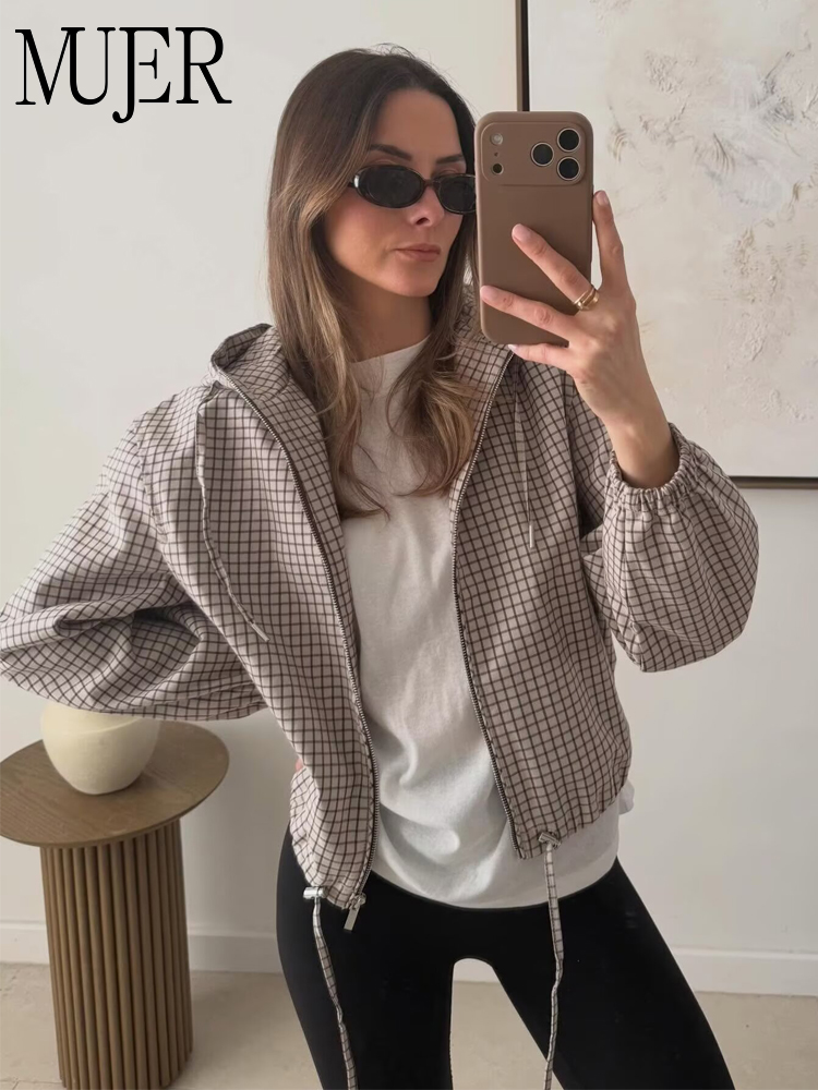 MUJER Plaid Hooded Jacket Woma - Varsity Jacket Wool 评论和价格