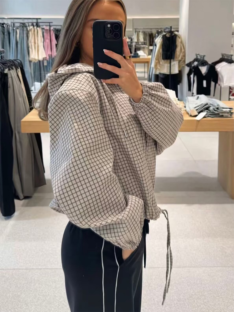 MUJER Plaid Hooded Jacket Woma - Varsity Jacket Wool 评论和价格